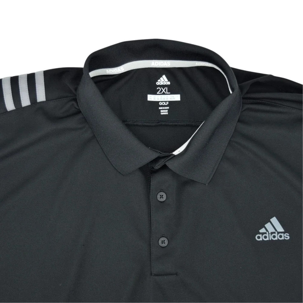 adidas Golf Mens 2XL Black 3-Stripes Shoulder Performance Polo Shirt XXL Top